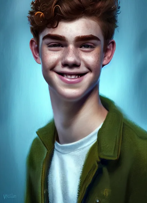 Image similar to portrait of teenage archie andrews, freckles, curly middle part haircut, curly hair, smiling kindly, intricate, elegant, glowing lights, highly detailed, digital painting, artstation, concept art, smooth, sharp focus, illustration, art by wlop, mars ravelo and greg rutkowski