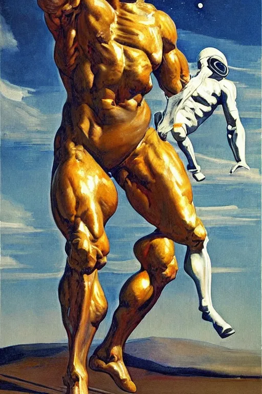 Image similar to bodybuilder in an astronaut helmet lifts a statue of a horse, highly detailed painting by francis bacon, edward hopper, adrian ghenie, gerhard richter, and james jean soft light 4 k,