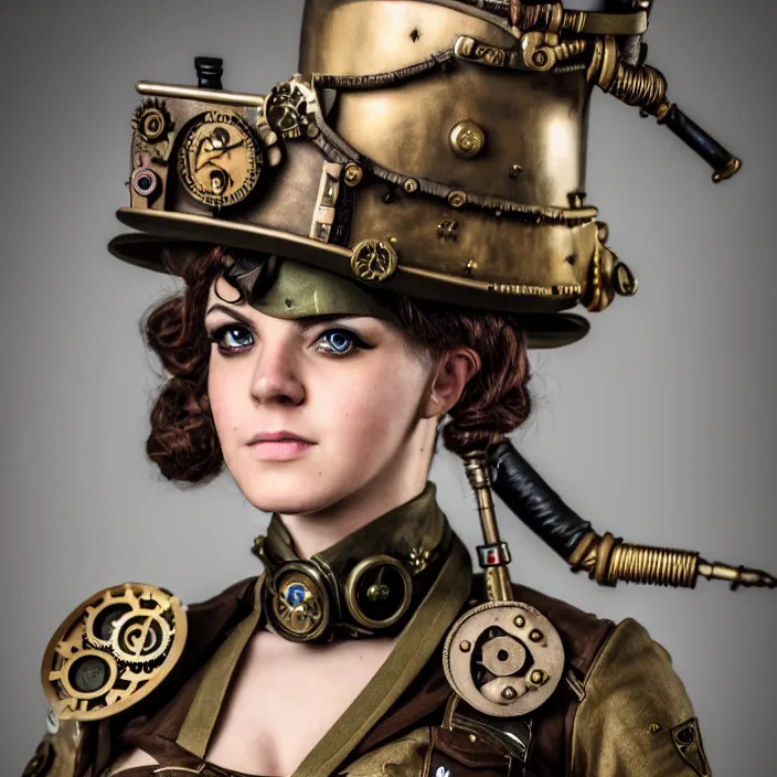 Image similar to portrait photograph of a real-life beautiful female steampunk soldier. Extremely detailed. 8k