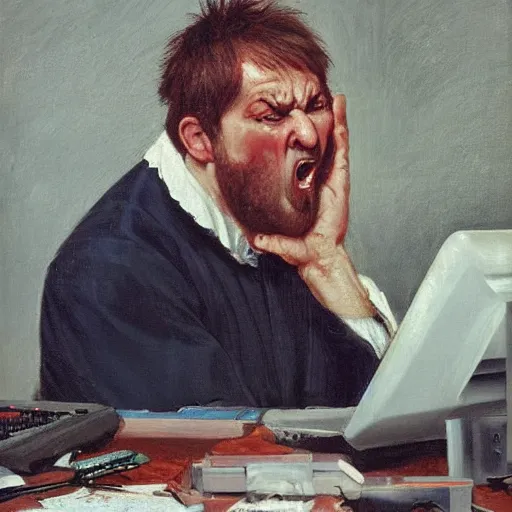 Image similar to an angry man yells at his computer monitor, oil on canvas, 1 8 8 3, highly detailed