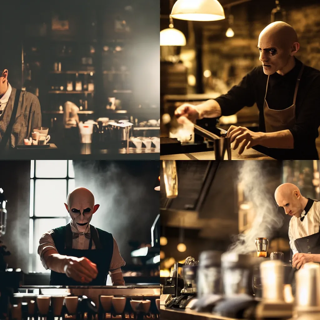 Prompt: Nosferatu working as a barista at Starbucks, moody lighting, creepy, smoky, dust in the air, dark shadows, cobwebs, ominous, 4k, DSLR photo