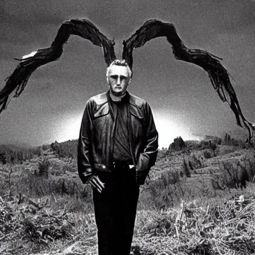 Image similar to Film still of Dennis Hopper in Twin Peaks (1990), evil spirit in the Black Lodge from Twin Peaks (1990 tv series), eerie photography, lynchian