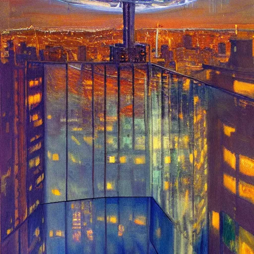 Prompt: impressionistic full - color painting of a distorted mirror reflecting a nightmarish balcony view of boston downtown skyline in 1 9 2 5 at night with a horrifying sky, aerial view, dark, brooding, night, atmospheric, horror, cosmic, ultra - realistic, smooth, highly detailed by dave dorman