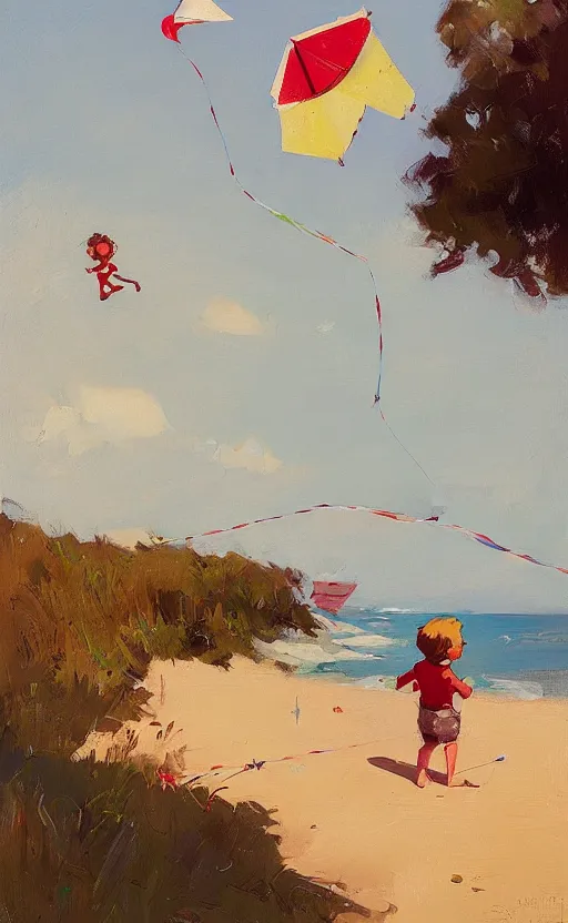 Prompt: child flying a kite at the beach by atey ghailan and garmash, michael, plein air, whimsical