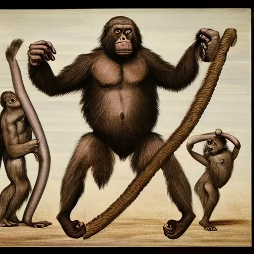 Prompt: The missing links in the evolution between the ape and the man