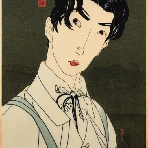 Image similar to painting of grumpy handsome beautiful man in his 2 0 s named min - jun in a french female maid outfit, modern clothing, elegant, clear, painting, stylized, delicate facial features, soft, art, art by takato yamamoto and egon schiele combined