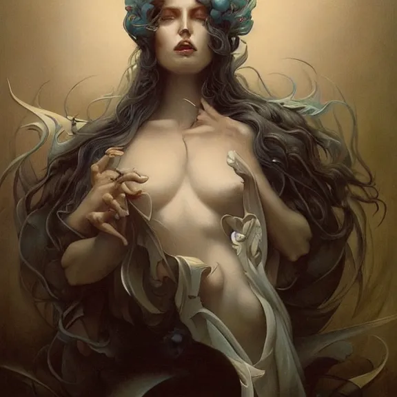 Image similar to a highly detailed beautiful portrait in the style of peter mohrbacher and in the style of jean delville.