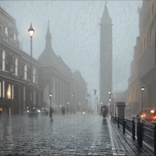 Image similar to rainy victorian city, 8k, ultrarealistic, ultra hd, gloomy, photorealistic