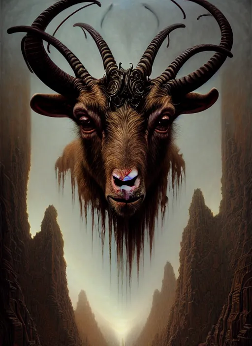 Image similar to portrait shot of a demonic goat, a scenic dystopian environment, intricate, elegant, highly detailed, centered, digital painting, artstation, concept art, smooth, sharp focus, illustration, artgerm, tomasz alen kopera, peter mohrbacher, donato giancola, joseph christian leyendecker, wlop, boris vallejo