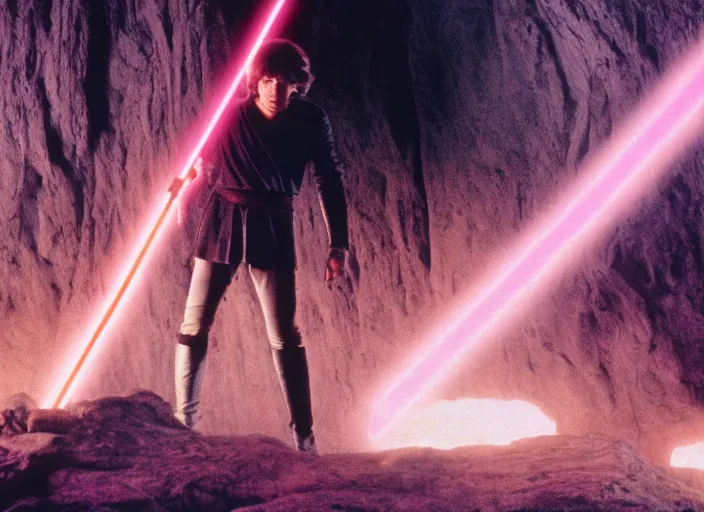 Prompt: detailed photo of Luke skywalker finding the ancient jedi texts. a dark pink hazy ethereal cave from Indiana jones, screenshot from the 1983 film, Photographed with Leica Summilux-M 24 mm lens, ISO 100, f/8, Portra 400