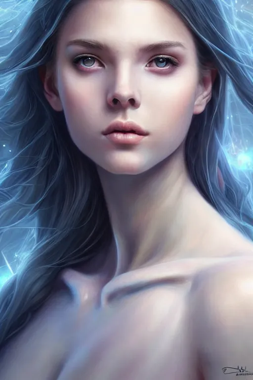 Image similar to a photorealistic painting of an attractive young girl, partially clothed in ethereal armor emitting psychic powers, beautiful bone structure, perfectly proportioned face, perfect eyes, intricate, elegant, highly detailed, hyper detailed, volumetric lighting, trending on tumblr, by artgerm, by loish, fantasy scene, fantasy aesthetic, trending on Artstation