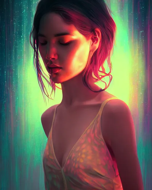 Prompt: lsd, acid trip, a beautiful woman, dramatic lighting, by ilya kuvshinov, artgerm, wlop, lois van baarle, digital painting, ultra detailed colorful intricate repeating geometric fractals in the background by moebius, beeple, 4 k, artstation