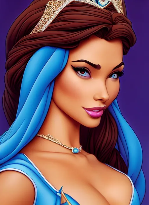 Image similar to gorgeous disney princess jasmine, hyper realistic, professionally retouched, muted colors, soft lighting, realistic, smooth face, full body shot, torso, dress, perfect eyes, sharp focus on eyes, 8 k, high definition, insanely detailed, intricate, elegant, art by j scott campbell and artgerm