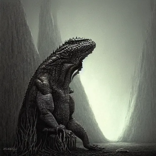 Image similar to lizard as a dark souls boss by zdzisław beksiński