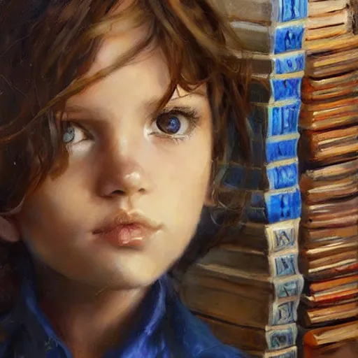 Image similar to a seven year old girl with short curly light brown hair and blue eyes sitting amidst tall piles of books. beautiful painting by raymond swanland and magali villanueve, beautiful detailed face.