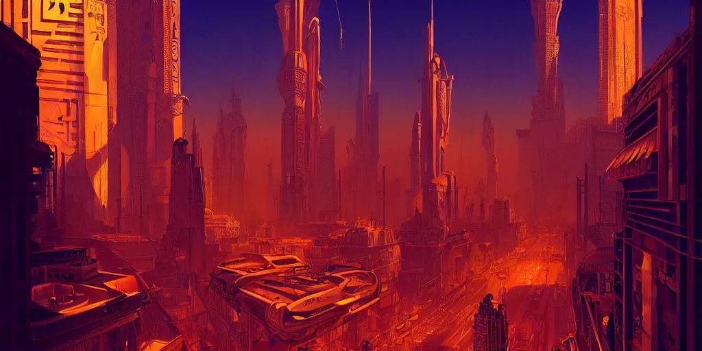 Image similar to concept art, retro - futurist steampunk 3 0 s cairo, towering cityscape, imperious gods, artstation, dramatic neon lighting, glowing pharaonic motifs, bladerunner, by gerald brom, james jean, syd mead, akihiko yoshida, cinematic