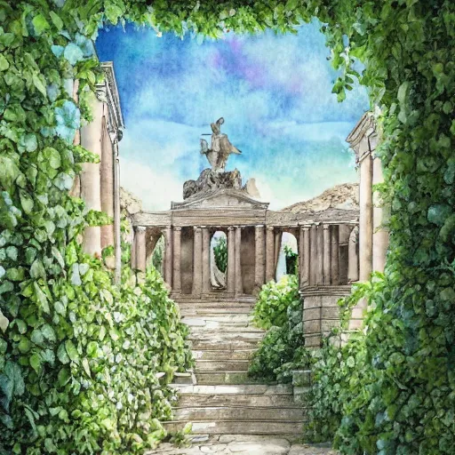 Image similar to garden on paper floating puffy vines herbarium watercolors iridescent 8 k wide angle realistic artstation italian neoliberty architecture pompeii