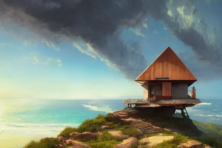 Prompt: lovely a - frame home sits atop a broad cliff | overlooking the entirety of the blue sky | digital painting by greg rutkowski and gaston bussiere | zbrush | cgsociety contest winner | comprehensive art | intricate | landscape photography | brightly radiant atmosphere | overcast sky | homogeneous to hawaii | 4 k | 8 k