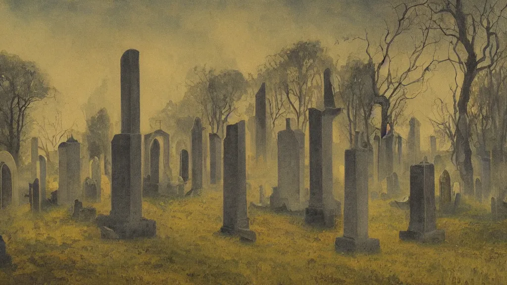 Prompt: gohsts in a cemetery symbolist painting