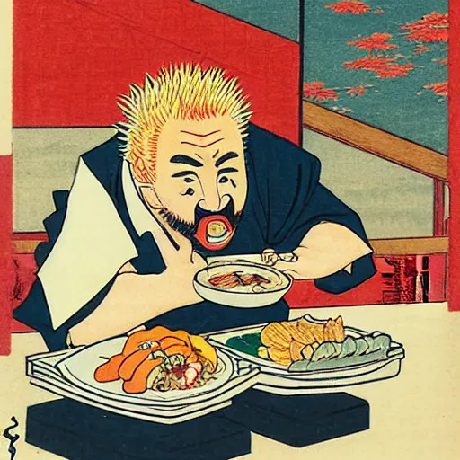 Image similar to Guy Fieri eats Japanese food by Katsushika Hokusai, art