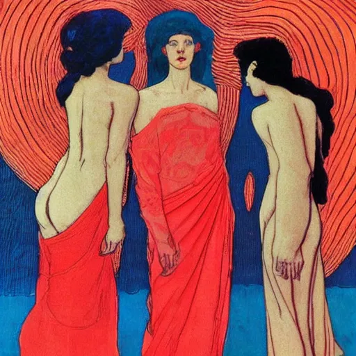 Image similar to The art installation is a beautiful work of art. The three graces are depicted as beautiful young women, each with their own unique charms. The art installation is full of color and life, and the women seem to radiate happiness and joy. hot, Tumblr by László Moholy-Nagy, by Carlos Schwabe relaxed, ultradetailed