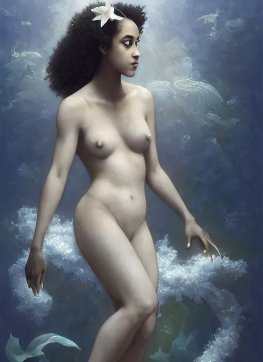 Prompt: dramatic upper body portrait of Nathalie Emmanuel as a dark-skinned la sirene Haitian mermaid goddess by Ruan Jia and Mandy Jurgens and Artgerm and william-adolphe bouguereau, underwater, white sheer fabric, white lilies, shells, mirrors, marvel comics, intricate, highly detailed, smooth, artstation, digital illustration by julie bell and Ruan Jia and Mandy Jurgens and Artgerm and William Adolphe Bouguereau and John Collier and Greg Rutkowski and Frank Frazetta