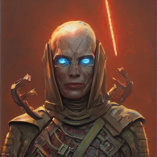 Image similar to the doomslayer as a realistic d & d fantasy cultist, closeup portrait art by donato giancola and greg rutkowski, vintage retro, realistic face, digital art, trending on artstation, symmetry!!