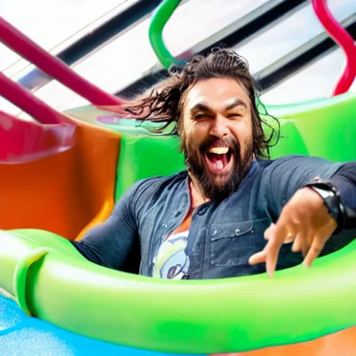 Image similar to A still of a happy, excited Jason Momoa playing on a children's toy slide in a toy commercial, 4k resolution, hyperdetailed, studio lighting