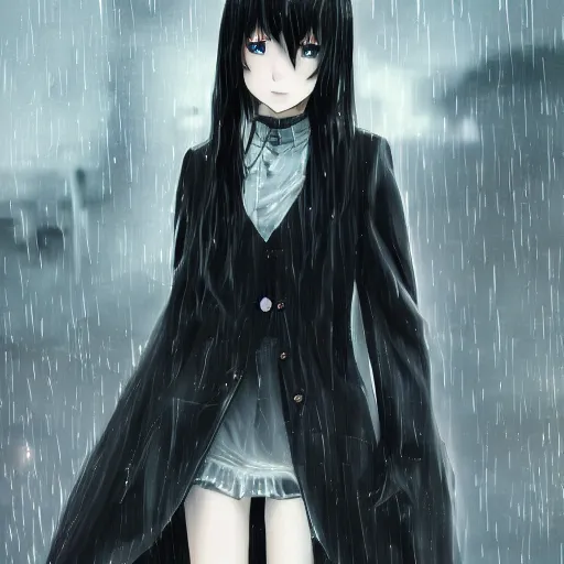 Image similar to 1 7 - year - old anime goth girl, black hair, long bob cut, long bangs, gothic coat, long bangs, united kingdom, rainy day, small town, midlands, english village, street scene, ultra - realistic, sharp details, cold lighting, blue and gray colors, intricate details, subsurface scattering, hd anime, 2 0 1 9 anime