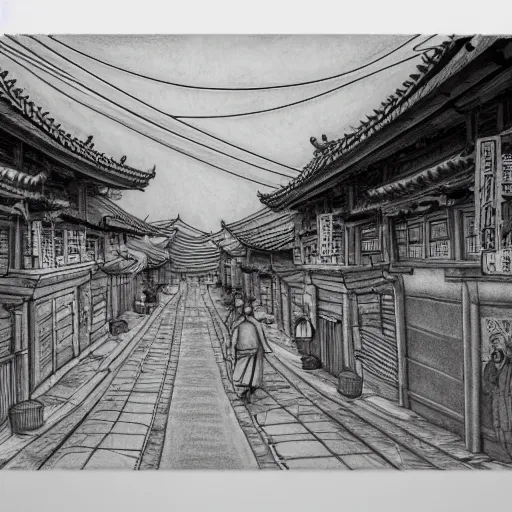 Image similar to High detailed sketch of korean city street, pencil drawing, traditional buildings, joseon era, black and white, artstation, extreme detail