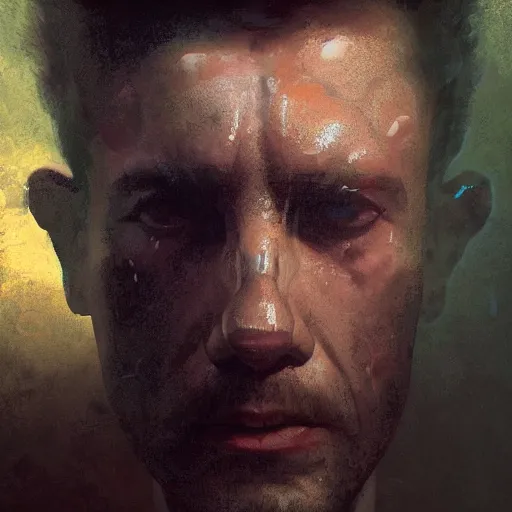 Prompt: dramatic full close - up portrait of a sad human! ( cephalopod ) hybrid, detailed, dimly light room, volumetric lighting, by craig mullins, by victo ngai, by greg rutkowski in the style of caravaggio