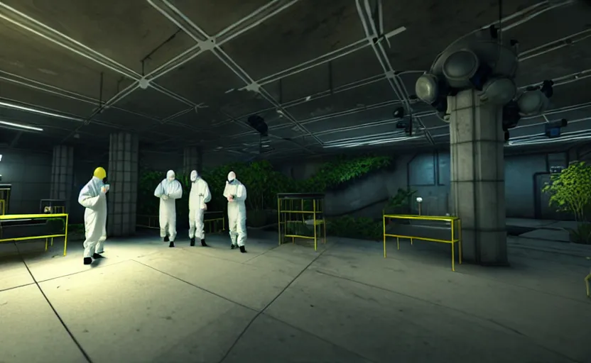 Image similar to in-game screenshot of a group of hazmat scientists on unreal engine 5, in a liminal underground garden, photorealistic, retrofuturism, brutalism, staggered terraces, minimalist, soft vintage glow