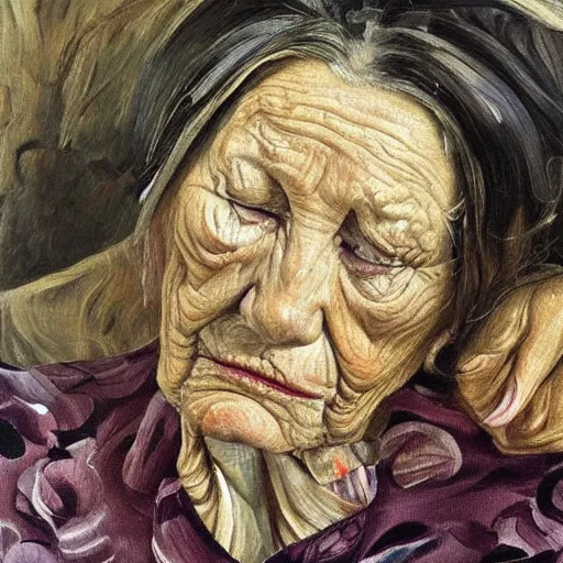 Prompt: Oil painting Portrait of a old Woman resting her eyes, by Lucian Freud, Abstract brush strokes, Masterpiece