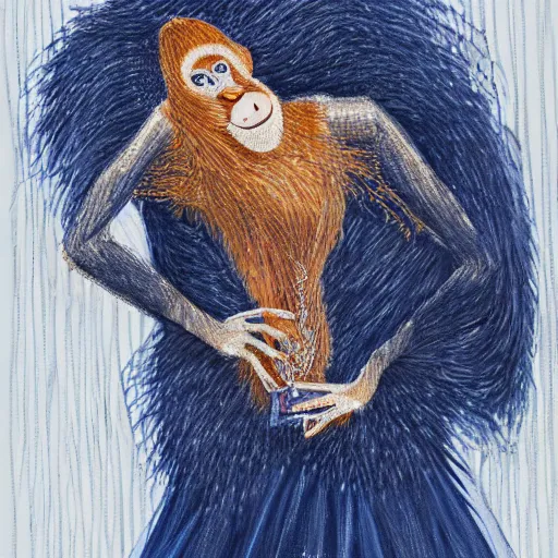 Prompt: An orangutan wearing a navy designer dress and a sapphire necklace attending the Met Gala, hyperdetailed, photorealistic, high fashion