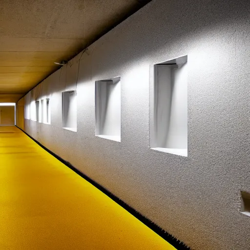 Prompt: noisy photograph of underground prison cells, office ceiling panels, retrofuturism, brutalism, minimalist, cinematic, soft vintage glow