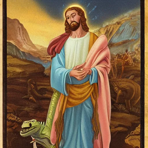 Prompt: jesus as a dinosaur, carvagio