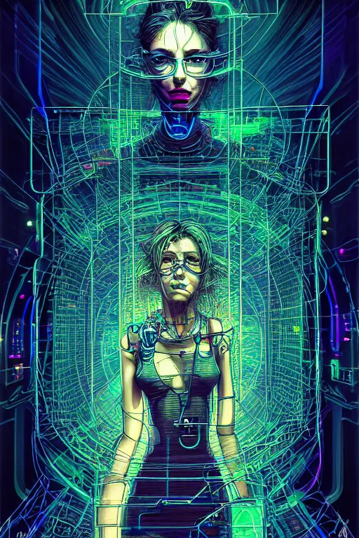 Image similar to dreamy cyberpunk girl, abstract smoke neon, digital nodes, computer network, beautiful woman, detailed acrylic, grunge, intricate complexity, by dan mumford and by alberto giacometti, arthur rackham