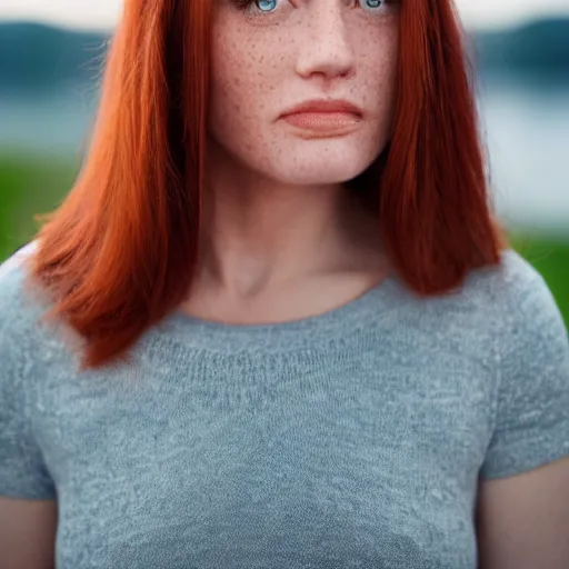 Image similar to close up portrait photo of the left side of the face of a redhead woman with blue eyes who looks directly at the camera. Slightly open mouth, face covers half of the frame, with a park visible in the background. 135mm nikon. Intricate. Very detailed 8k. Sharp. Cinematic post-processing. Award winning photography