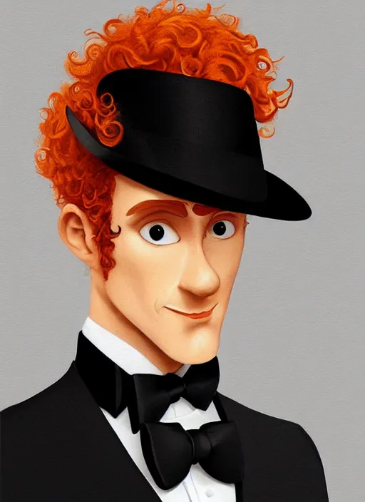 Prompt: illustration of a short curly orange hair man with tuxedo as a portrait, smooth, reflects, masterpiece artwork, ultra detailed, artgerm, style by pixar, digital art, trending on artstation, behance, deviantart