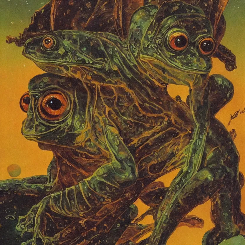 Image similar to an alien frog monkey with wings on a distant cosmic world. strange anatomy. pulp sci - fi art. baroque period, oil on canvas