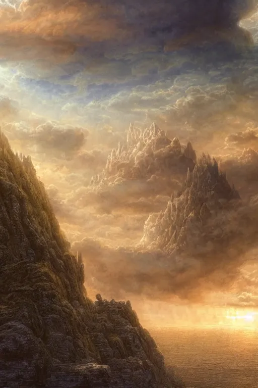 Image similar to a beautiful hyper realistic detailed matte painting of an island floating in the sky, flying castle tower, vivid color hues, looks like creativity by john howe, greg rutkowski, gustave dore, ferdinand knab, lush sky above, space nebuloid, barometric projection, rectilinear, octane render, ellen jewett, beautiful surreal palatial pulsar at dawn