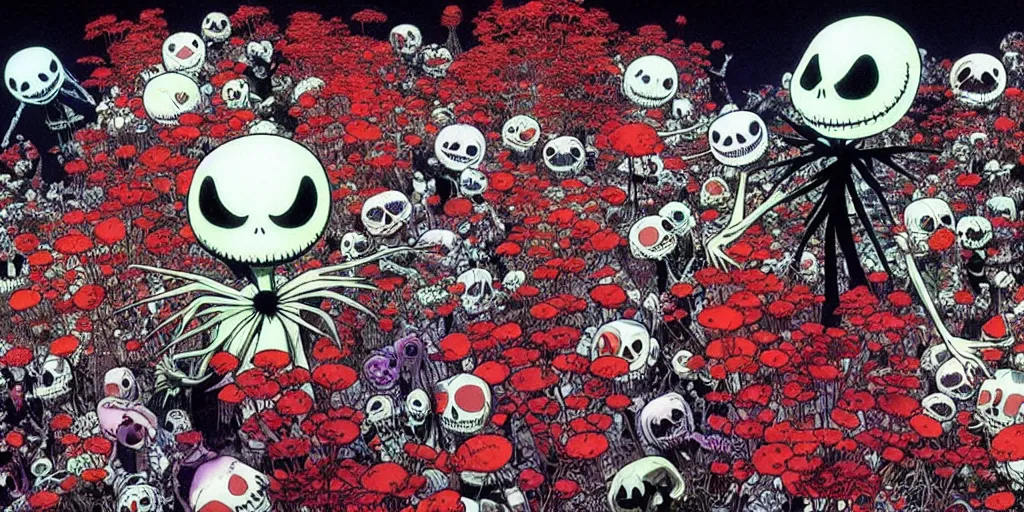 Prompt: nightmare before christmas movie still frame by yuko shimizu by takashi murakami, 😃💀 flowers 😃 garden by beksinski by wayne barlowe