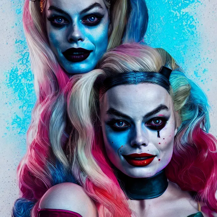 Image similar to portrait of Margot Robbie as a harley quinn. intricate abstract. intricate artwork. by Tooth Wu, wlop, beeple, dan mumford. octane render, trending on artstation, greg rutkowski very coherent symmetrical artwork. cinematic, hyper realism, high detail, octane render, 8k, iridescent accents