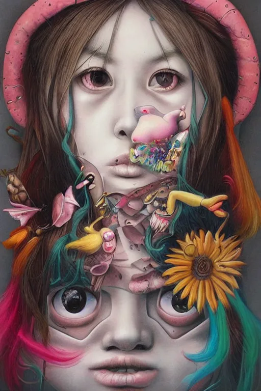 Image similar to pop surrealism, lowbrow art, realistic cute girl painting, japanese street fashion, hyper realism, muted colors, trevor brown style