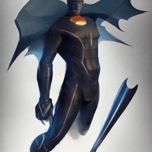 Image similar to a hero named rope man, his suit is black and blue and he has a bat like wing suit under it, mystic, concept art, artstation, greg rutkowski, reference sheet