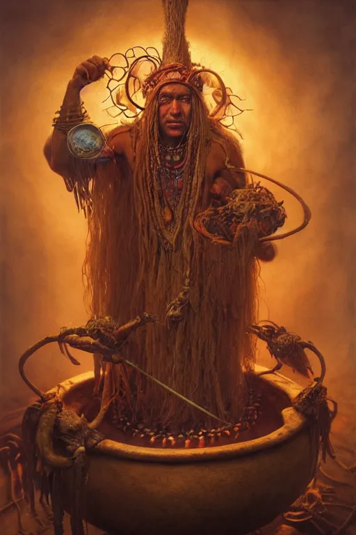 Image similar to a centered render of a wise and mystical tribal shaman brewing a cauldron that summons the souls of ancestors past, cinematic, beautifully lit, by brian froud, by karol bak, by donato giancola, 3 d, trending on artstation, octane render, 8 k