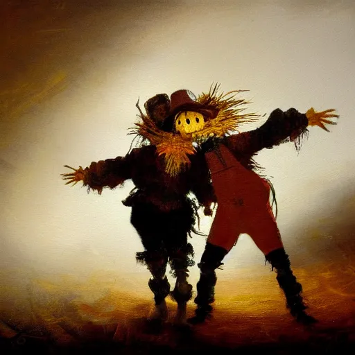 Prompt: detailed soft painting of a scarecrow and his wife dancing. rembrandt style elegant highly detailed artstation concept art matte