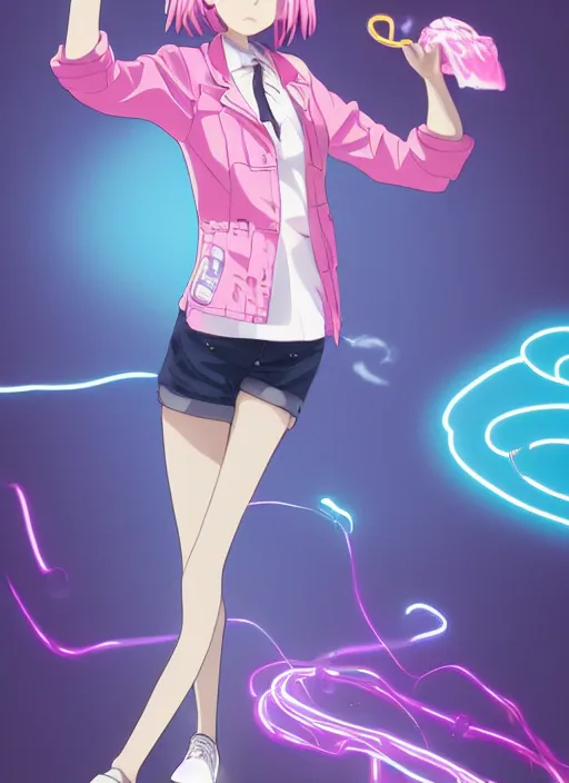 Image similar to a young woman, with a wavy short pink hair and pink fedora hat, wearing a light pink jacket with a dark blue tie, purple gloves and blue jeans shorts and white shoes. She is holding blue neon strings tied on her hand, rich vivid colors, ambient lighting, dynamic lighting, 4k, official media, anime key visual, makoto shinkai, ilya kuvshinov, lois van baarle, rossdraws, detailed, trending on artstation