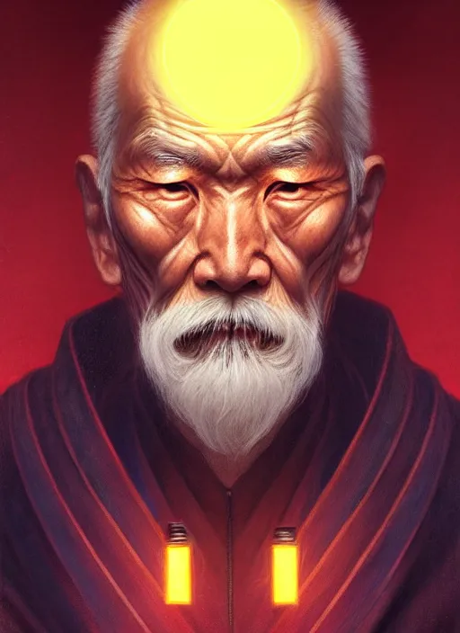 Prompt: symmetry!! portrait of old man japanese warrior, tech wear, glowing lights!! intricate, elegant, highly detailed, digital painting, artstation, concept art, smooth, sharp focus, illustration, art by artgerm and greg rutkowski and alphonse mucha