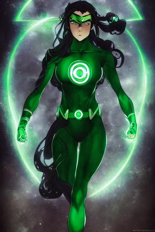 Image similar to anime key visual of a beautiful young female green lantern!! intricate, green and black suit, glowing, powers, dc comics, cinematic, stunning, highly detailed, digital painting, artstation, smooth, hard focus, illustration, art by artgerm and greg rutkowski and alphonse mucha